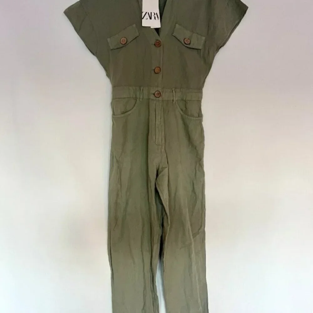 ZARA Green Khaki Linen Blend Short Sleeve Jumpsuit SIZE S 8200/708/506